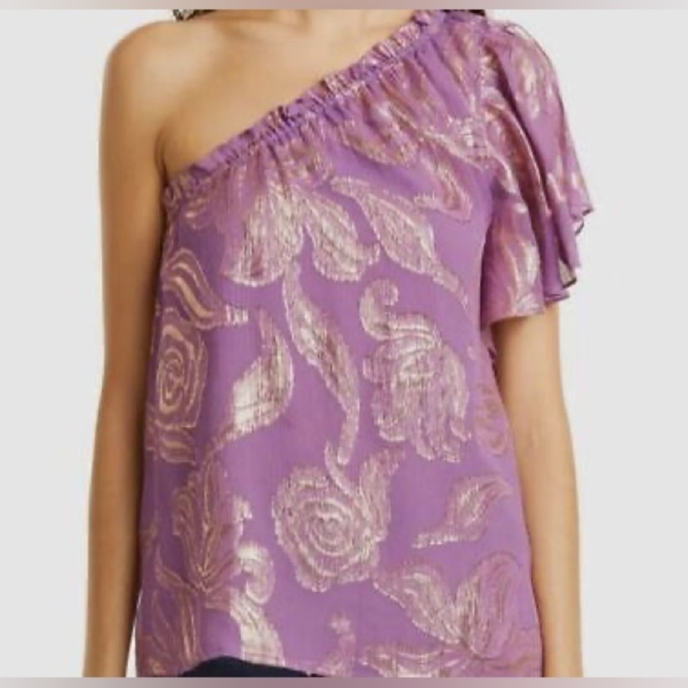 Ramy Brook Purple One-Shoulder Floral Jacquard Silk Blouse top